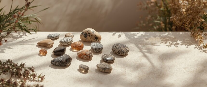 Polished Natural Stones Arranged on a Light Surface with Dried Flowers in Soft Light