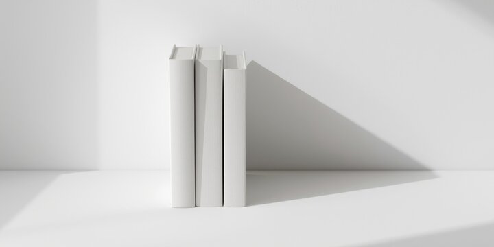 Minimalist White Books Stacked on a White Surface with Shadows