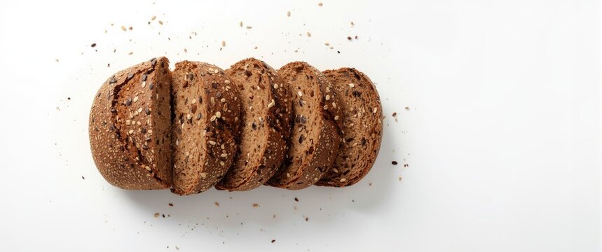 Sliced Whole Grain Bread on White Background with Crumbs