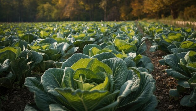 Green Cabbage Growing in a Field Surrounded by Autumn Colors