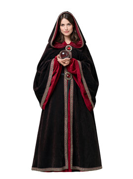 Medieval fantasy woman in dark velvet hooded cloak with red lining holding crystal ball isolated on transparent or white background, png