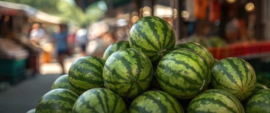 Watermelons Stacked at a Market Stall on a Sunny Day with Blurred Background