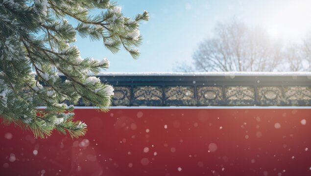 Snow Covered Pine Branch Over Red Wall with Winter Sunlight and Soft Snowfall