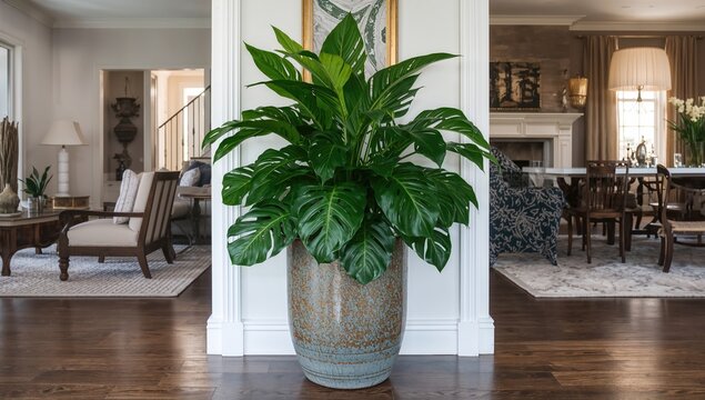Lush Indoor Plant in Decorative Pot Centered in a Modern Living Room
