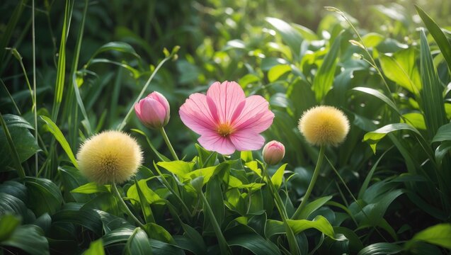 Pink Flower Blooming Among Green Foliage with Soft Sunlight