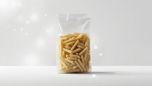 Penne Pasta in a Clear Packaging on a Light Background with Soft Bokeh