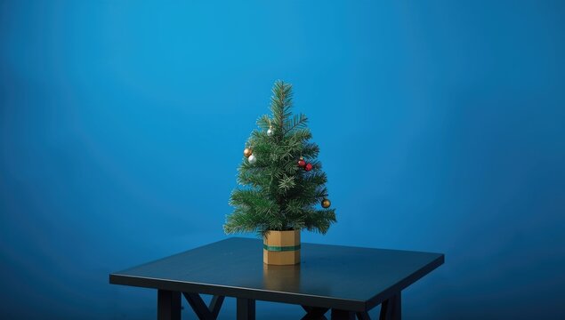 Small Artificial Christmas Tree Decorated with Ornaments on a Black Table Against a Blue Background
