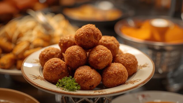 Crispy Golden Fried Balls Stacked on a Decorative Plate Surrounded by Appetizers