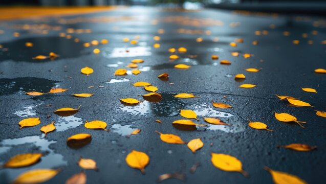 Wet Pavement Covered with Yellow Autumn Leaves After Rain