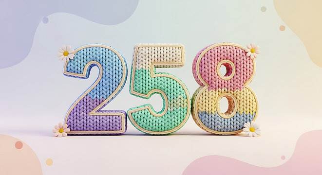 Oversized knitted numbers '258' in pastel blocks of blue, purple, mint green, and pink with daisies.