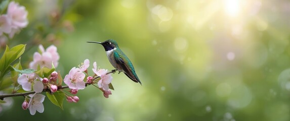 Fototapeta premium Hummingbird Perched on Cherry Blossom Branch in Soft Spring Light