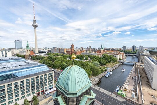 View from Berlin Cathedral, view to TV Tower and Red City Hall, in the back Old Town Hall, on the right Parochial Church, Nikolai Church and Spree River, Berlin-Mitte, Berlin, Germany