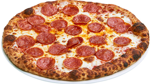 Whole pepperoni pizza with melted cheese and crispy crust, isolated on transparent background