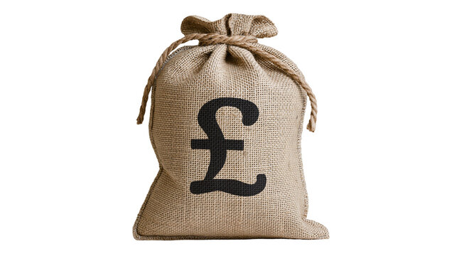 Burlap money bag with pound symbol, isolated on transparent background