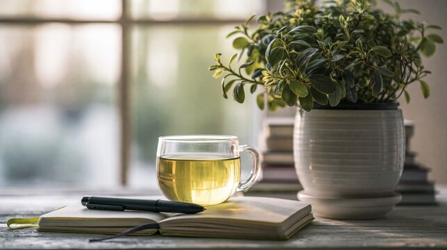 A cup of hot beverage rests beside an open notebook and a potted plant on a wooden surface.
