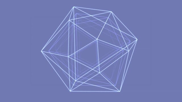 A futuristic geometric wireframe three-dimensional polyhedron depicted with glowing lines and intricate angles illuminated in a cool monochrome palette for modern digital design projects