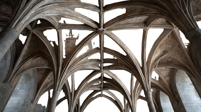 Intricate gothic vaulted ceiling with ribbed arches with detailed view gothic architecture structural expression interior historic building with columns