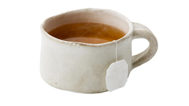 Steaming herbal tea in a rustic ceramic mug with a tea bag, isolated on transparent background