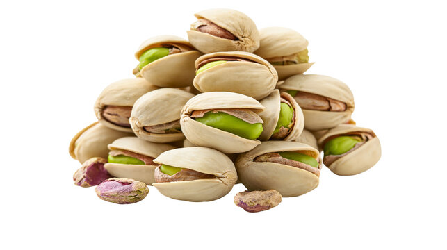 Pile of shelled pistachios with vibrant green kernels, isolated on transparent background