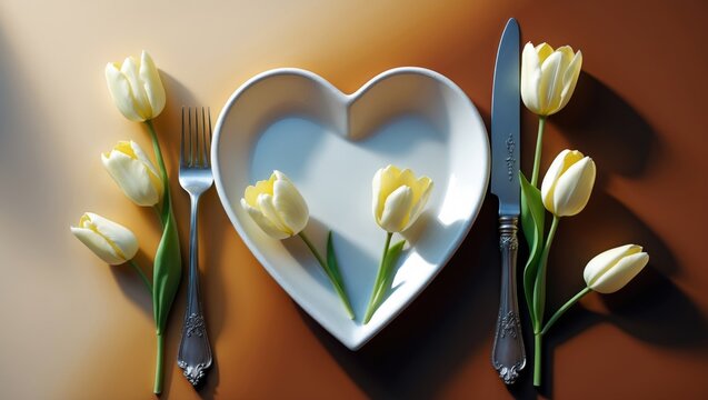 Heart Shaped Plate with Yellow Tulips and Silver Cutlery on a Tabletop