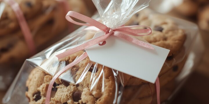 Baked Chocolate Chip Cookies Wrapped in Clear Plastic with Pink Ribbon and Tag