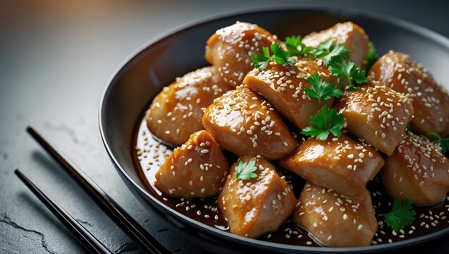 Glazed Chicken Pieces Topped with Sesame Seeds and Fresh Cilantro on a Black Plate