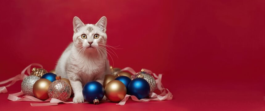 Cat Curiously Looking at Colorful Christmas Ornaments on a Red Background