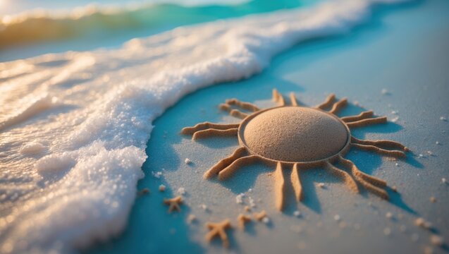Sand Sculpted Sun Design on Beach Shore with Gentle Waves and Soft Light