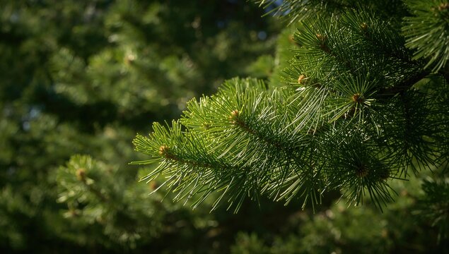 Closeup of Pine Tree Branch with Green Needles in Natural Light