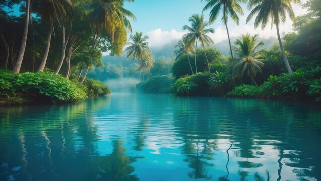 Tranquil Tropical River Surrounded by Lush Greenery and Palm Trees in Soft Morning Light