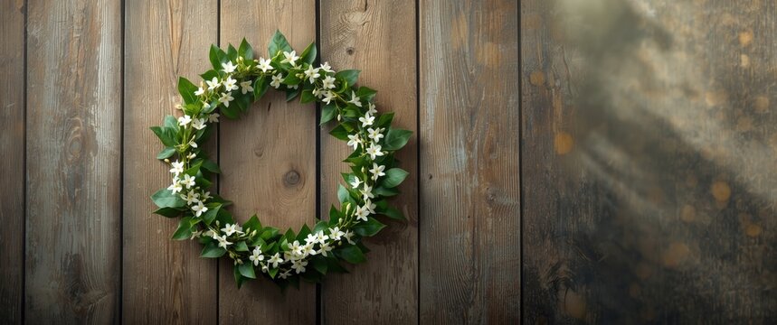 Floral Wreath Made of White Flowers and Green Leaves on Wooden Wall Background