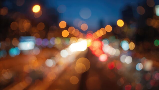 Blurred Night Cityscape with Colorful Bokeh Lights and Traffic Movement