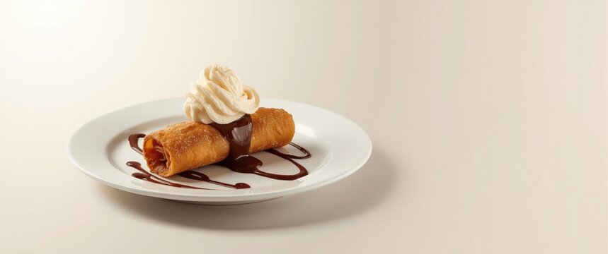 Crispy Dessert Crepe with Chocolate Sauce and Whipped Cream on a Plate