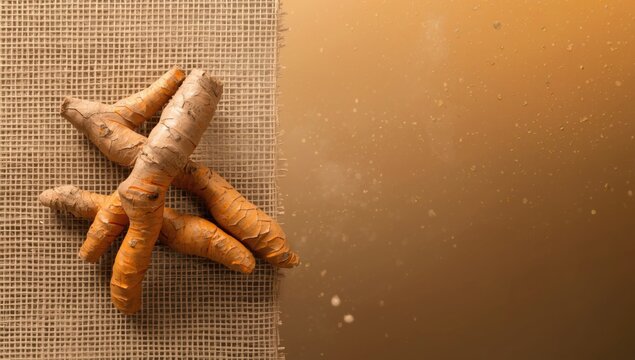 Turmeric Roots Arranged on a Burlap Fabric with Soft Golden Background