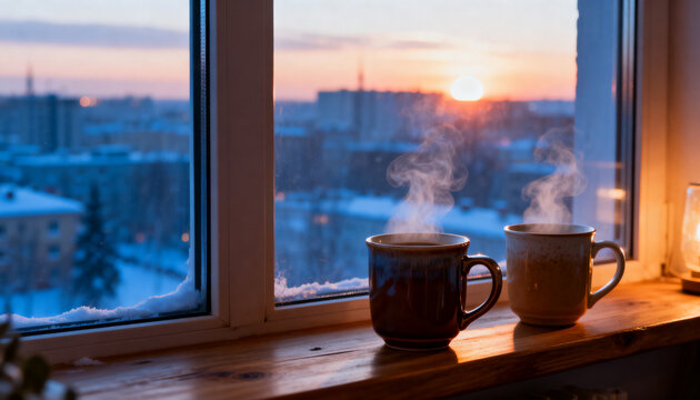 Two warm ceramic coffee mugs placed on a wooden window sill overlooking a snowy cityscape at sunrise, steam rising from both mugs, cozy warm interior lighting contrasting with cold blue exterior