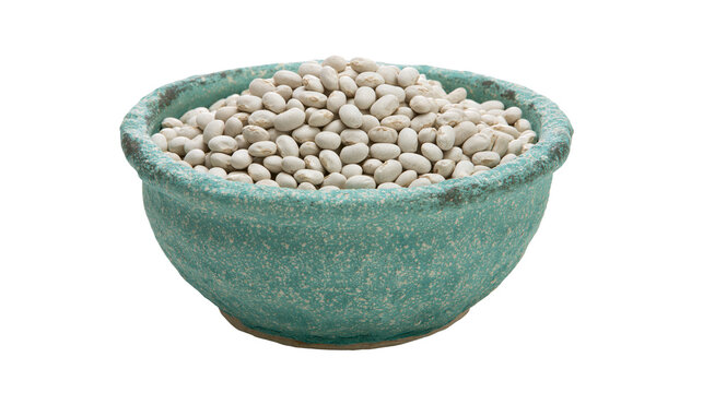 Teal ceramic bowl filled with white beans, isolated on transparent background