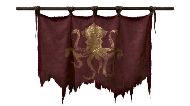 Tattered maroon banner with golden kraken emblem, isolated on transparent background