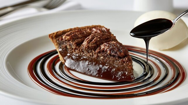 Decadent chocolate nut pie receives a drizzle of rich sauce.