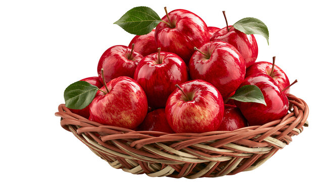 Glossy red apples with green leaves in a woven basket, isolated on transparent background
