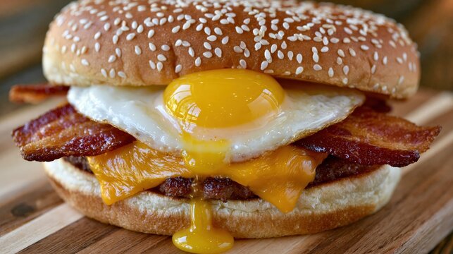 Savory sandwich with melted cheese, crispy bacon, and a fried egg on a sesame seed bun.