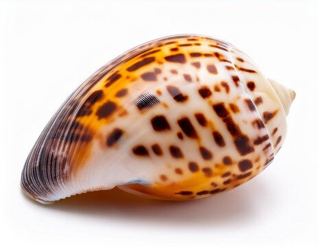 a single beautiful tiger cowrie shell with brown mottled patterns on a clean white background studio shot close up macro photography of a natural marine sea shell isolated for design