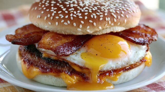 A savory breakfast sandwich layered with crispy bacon, a runny egg, and melted cheese.