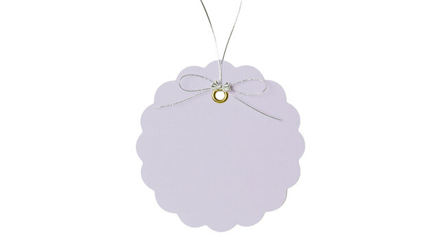 Scalloped edge lavender paper gift tag with silver ribbon bow, isolated on transparent background