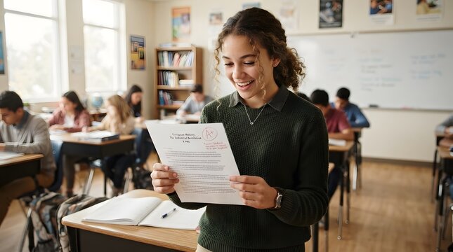A student stands in a classroom filled with students taking a test. She holds a paper with a good grade and smiles with joy. The classroom has desks, books, and a whiteboard