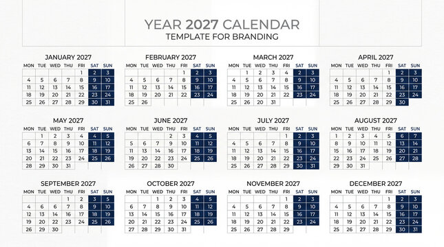 2027 Wall Calendar Template Twelve Month Grid Layout Minimal Editable Vector Planner	 , classic style
