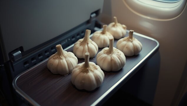 Garlic Bulbs Arranged on a Tray Near an Airplane Window in Soft Light