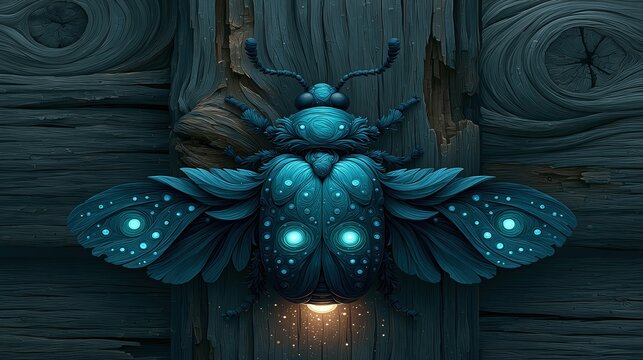 Ornate, glowing insect rests upon weathered wooden planks.