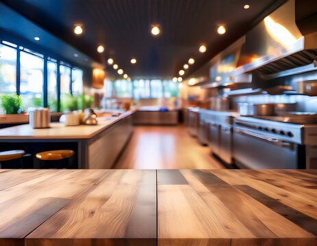blurred restaurant open kitchen defocused interior of indoor hotel cooking countertop with professional utensils background empty kitchenware store