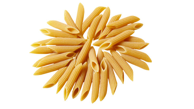 Golden penne pasta tubes arranged in a circular pattern, isolated on transparent background