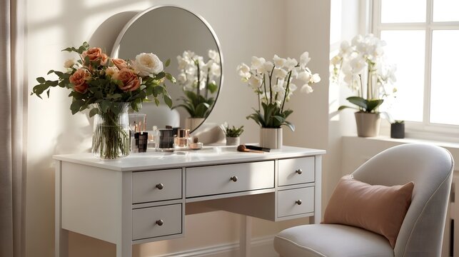 A white vanity table with drawers and a round mirror  adorned with fresh flowers and makeup items under soft natural light